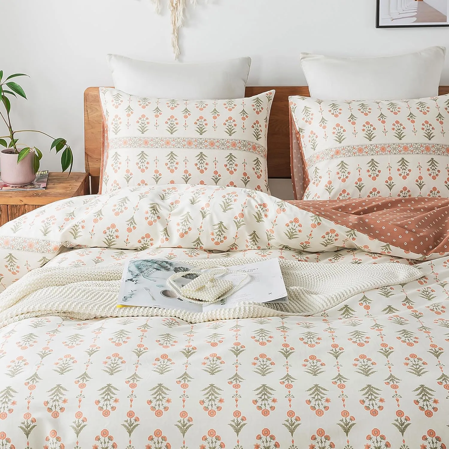 HoneiLife Queen Duvet Cover Set - Breathable 100% Cotton Floral 3pcs Wildflower Comforter Cover, with Zipper Closure and Corner Ties, Sweet Grass