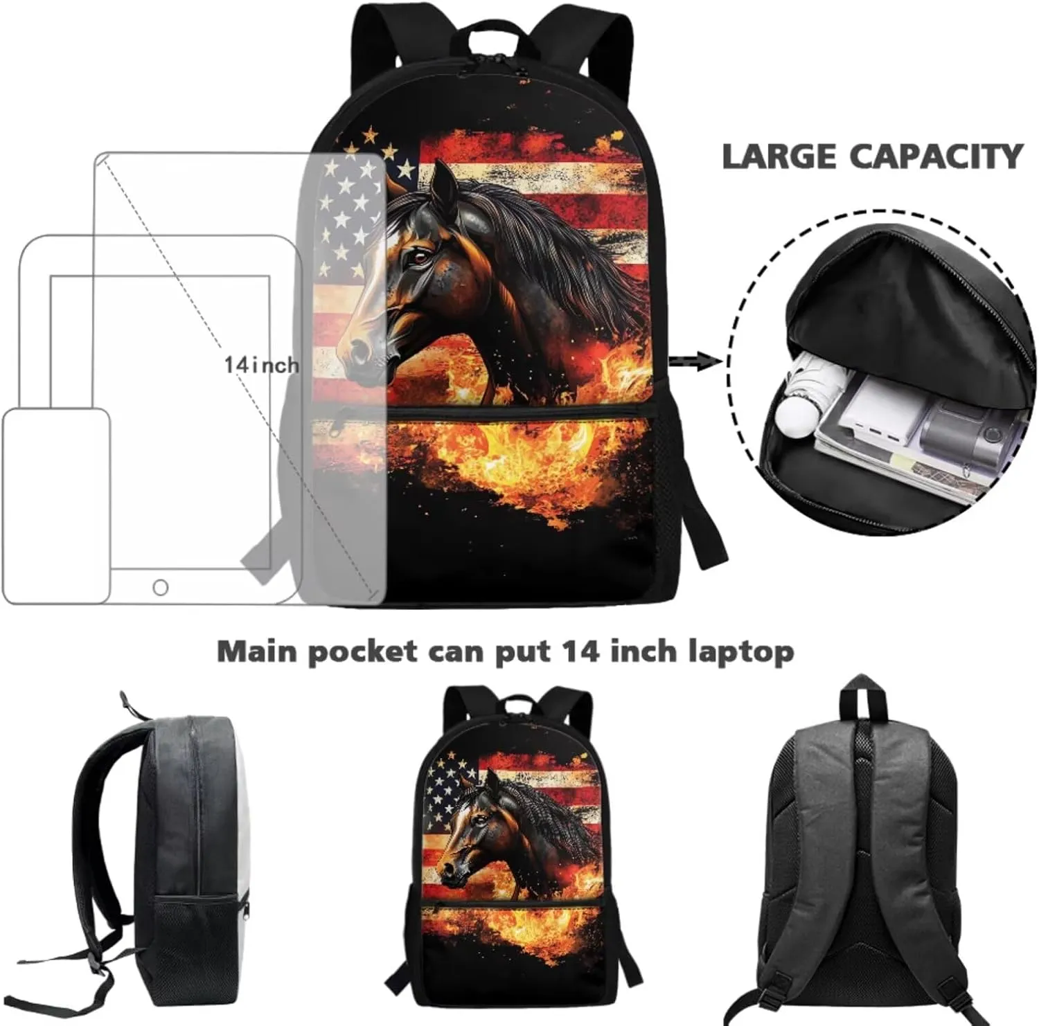 Horse Backpack for Girls School Bags with Lunch Bag Pencil Case and Water Bottle Holder Fire American Flag Bookbag Purse Large Capacity School Supplies 4 in 1
