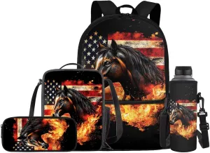 Horse Backpack for Girls School Bags with Lunch Bag Pencil Case and Water Bottle Holder Fire American Flag Bookbag Purse Large Capacity School Supplies 4 in 1