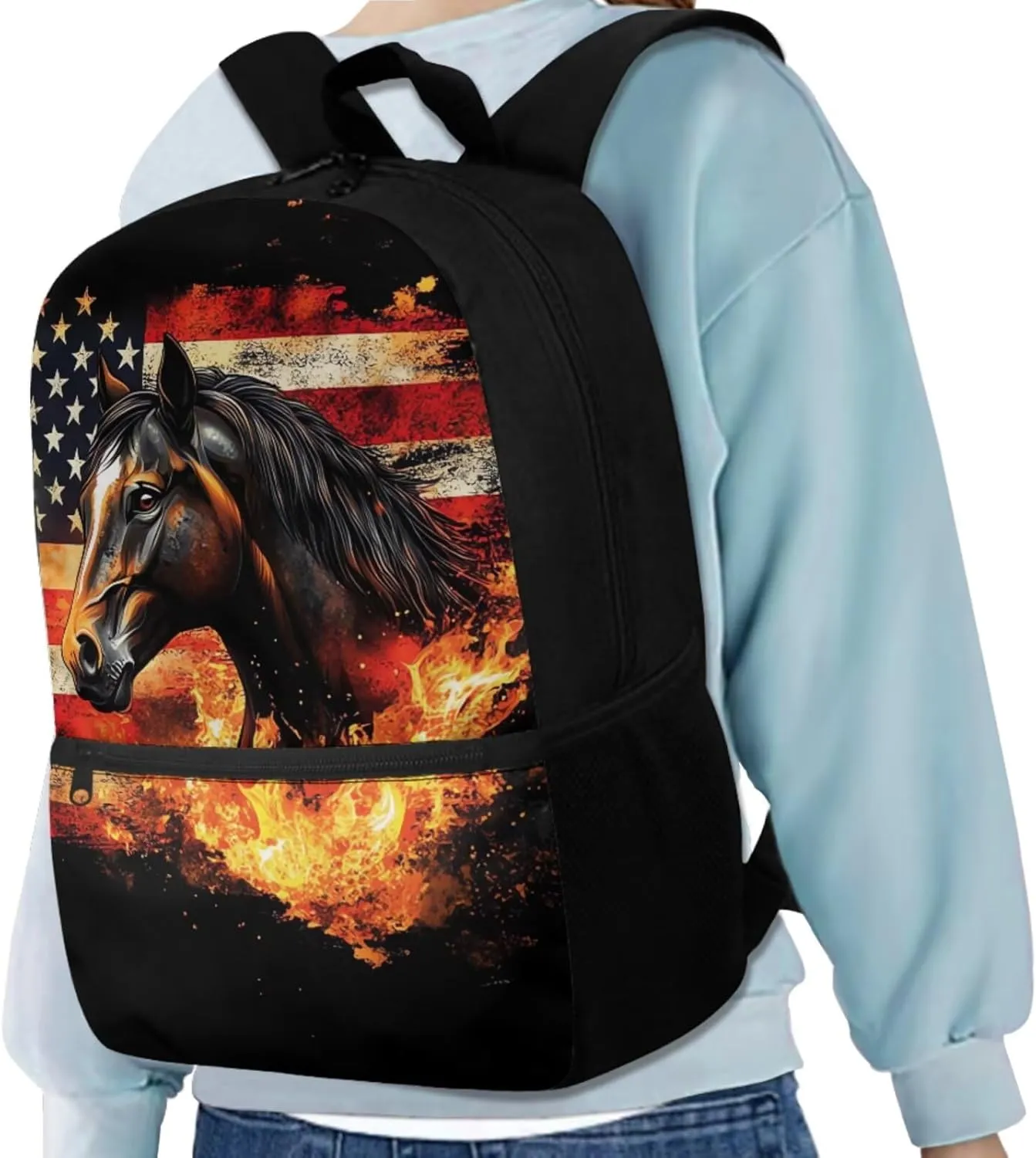 Horse Backpack for Girls School Bags with Lunch Bag Pencil Case and Water Bottle Holder Fire American Flag Bookbag Purse Large Capacity School Supplies 4 in 1