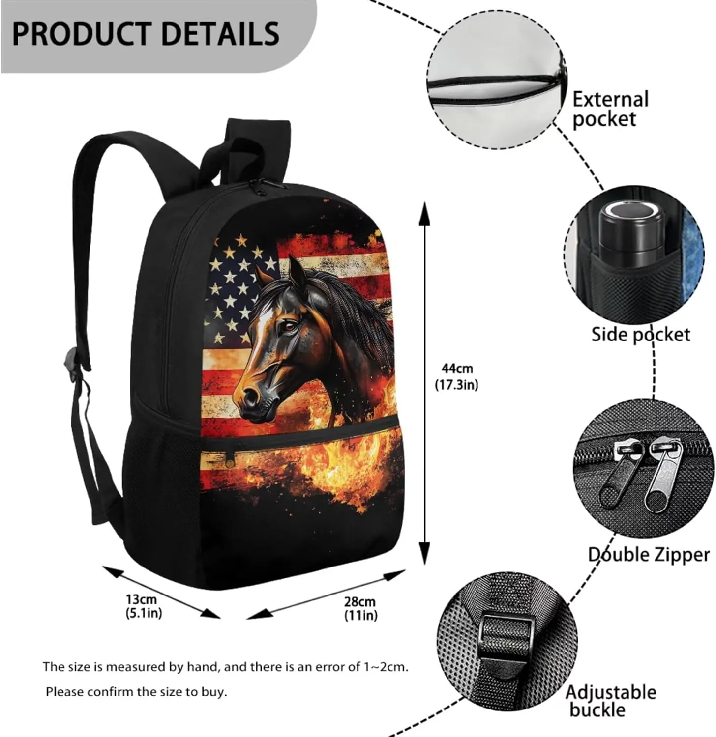 Horse Backpack for Girls School Bags with Lunch Bag Pencil Case and Water Bottle Holder Fire American Flag Bookbag Purse Large Capacity School Supplies 4 in 1