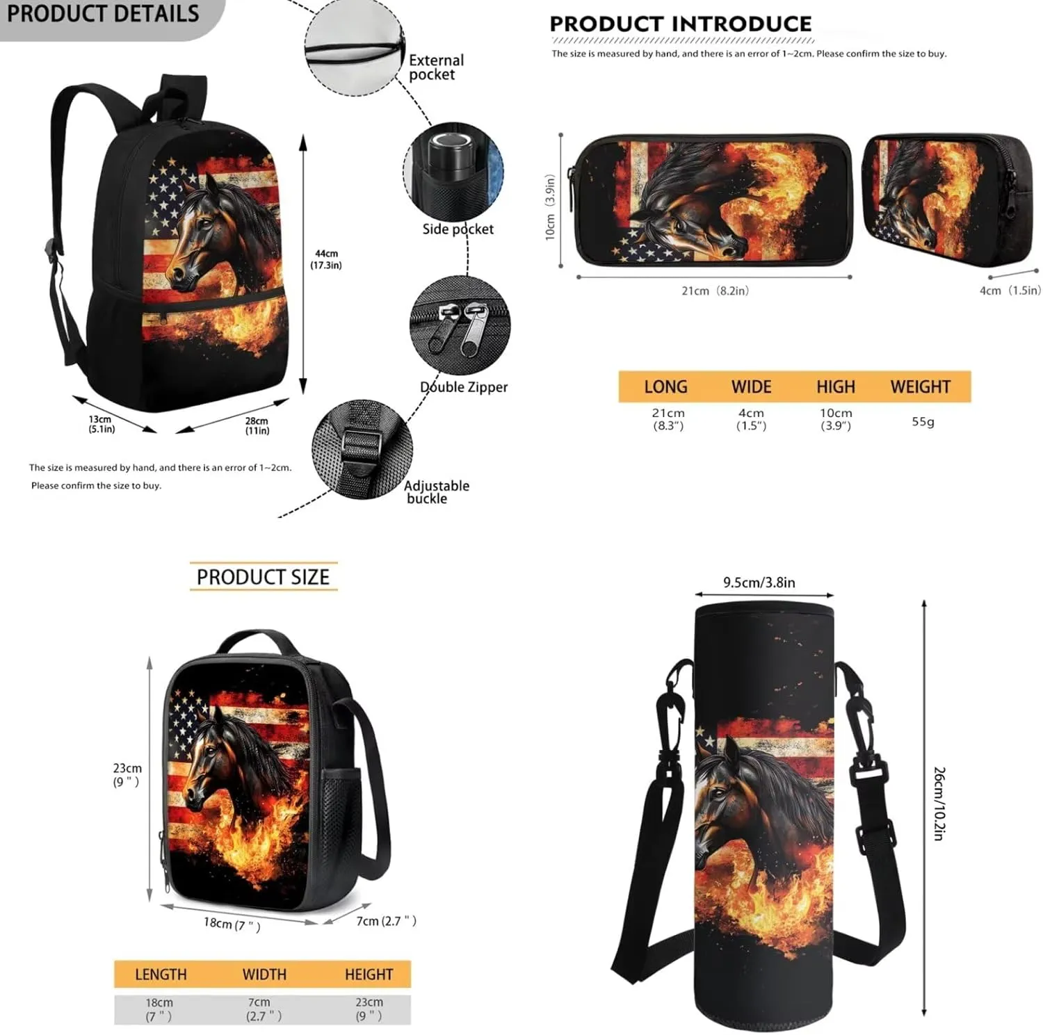 Horse Backpack for Girls School Bags with Lunch Bag Pencil Case and Water Bottle Holder Fire American Flag Bookbag Purse Large Capacity School Supplies 4 in 1