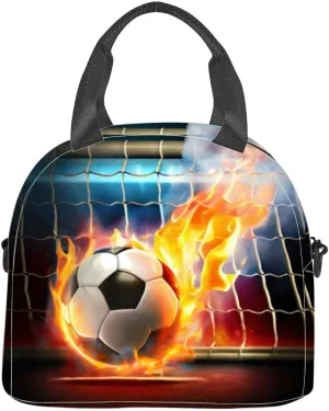 Hot soccer ball fire flaming smoke scoring goal the gate net smooth Insulated Adult Lunch Bag with Shoulder Strap for Women Lightweight Reusable Portable Freezable Lunch Tote Bag for Work Picnic