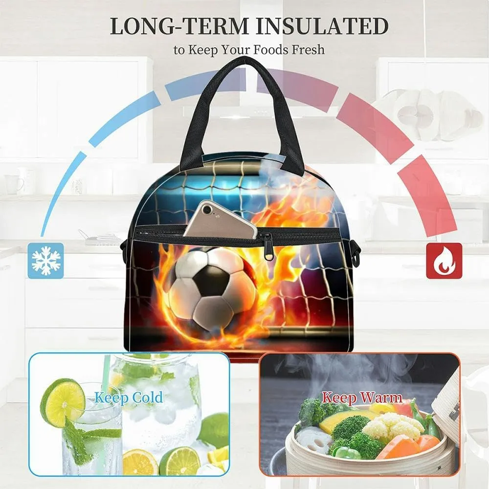 Hot soccer ball fire flaming smoke scoring goal the gate net smooth Insulated Adult Lunch Bag with Shoulder Strap for Women Lightweight Reusable Portable Freezable Lunch Tote Bag for Work Picnic