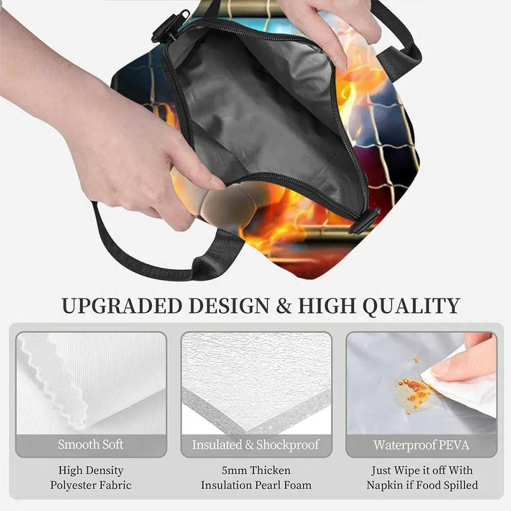 Hot soccer ball fire flaming smoke scoring goal the gate net smooth Insulated Adult Lunch Bag with Shoulder Strap for Women Lightweight Reusable Portable Freezable Lunch Tote Bag for Work Picnic