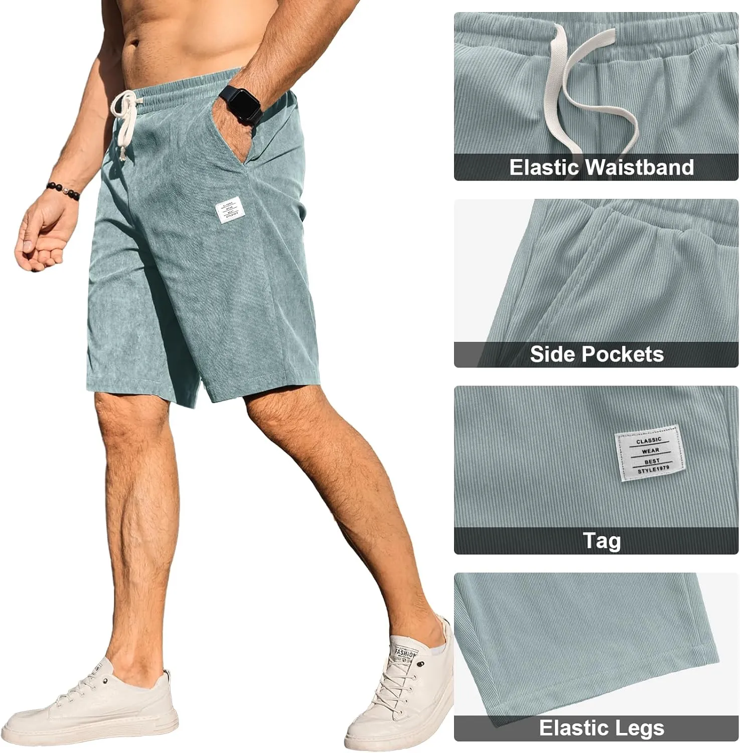 HOTake Mens Corduroy Shorts Casual 7 Inch Elastic Waist Drawstring Summer Beach Loose Fit Shorts