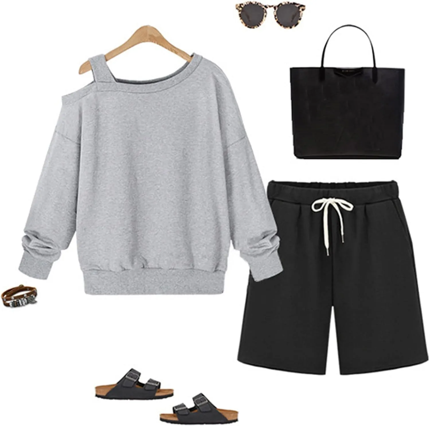 HOW'ON Women's Soft Knit Elastic Waist Jersey Casual Bermuda Shorts with Drawstring