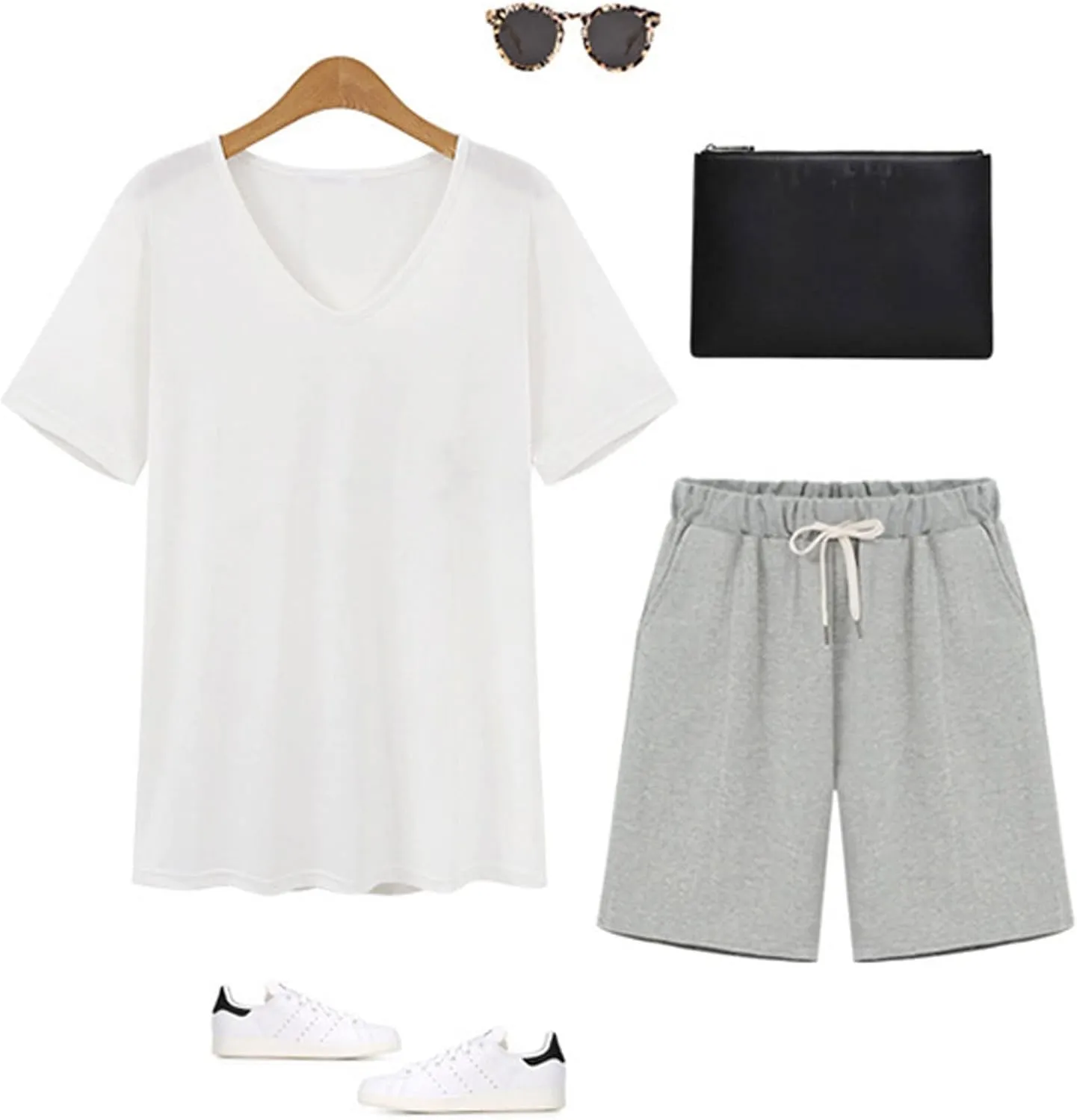 HOW'ON Women's Soft Knit Elastic Waist Jersey Casual Bermuda Shorts with Drawstring