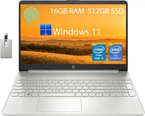 HP 15.6” HD Touchscreen Student Laptop, Intel Core i3-1115G4, 16GB RAM, 512GB PCIe SSD, Intel UHD Graphics, HD Webcam, Wi-Fi 5, Bluetooth, Silver, Win 11, 32GB Snow Bell USB Card