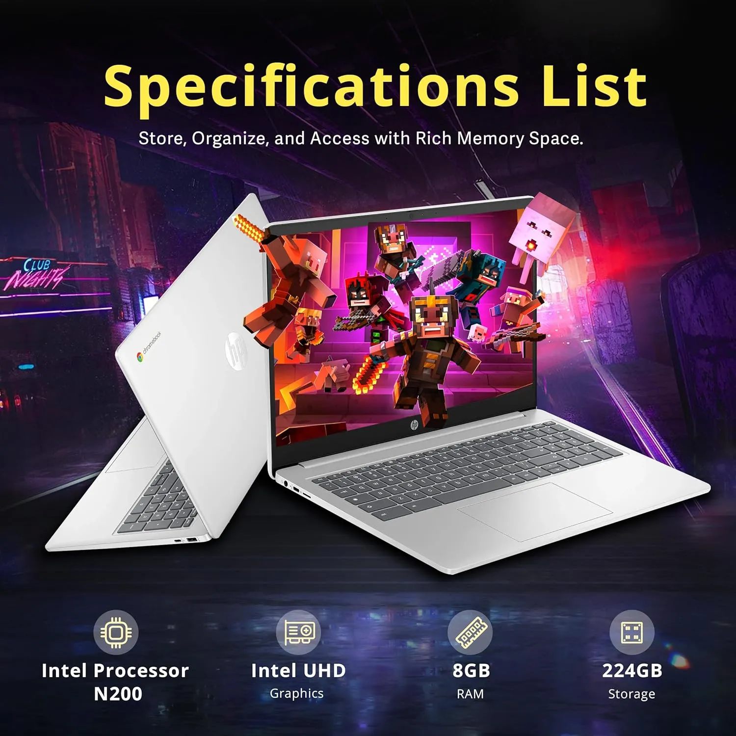 HP 15.6" HD Anti-Glare Chromebook Laptop, Intel Pentium N200, 8GB LPDDR5, 224GB Storage (64GB eMMC 160GB Docking Station Set), Intel UHD Graphics, Num Pad, 720p Camera, Wi-Fi 6, Chrome OS, Silver