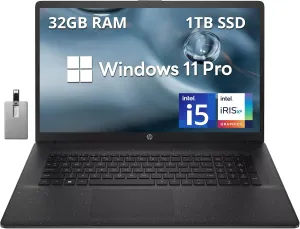 HP 17.3" HD  Business Laptop, Intel Core i5-1235U, 32GB RAM, 1TB PCIe SSD, Intel Iris Xe Graphics, Number Pad, Wi-Fi, Bluetooth, HDMI, Win 11 Pro, Black, 32GB Hotface USB Card