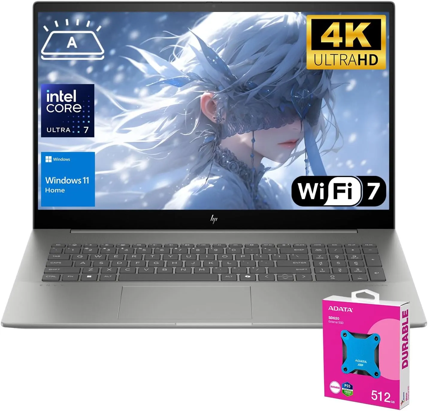HP Envy 17.3" 4K Ultra 7 Laptop, 17.3" 4K UHD 3840 * 2160 Display, Intel Core Ultra 7 155H, 32GB DDR5 RAM, 2TB SSD, HDMI, Webcam, Backlit KB, Wi-Fi 7, W11H, Grey, Adata 512 External SSD Bundle