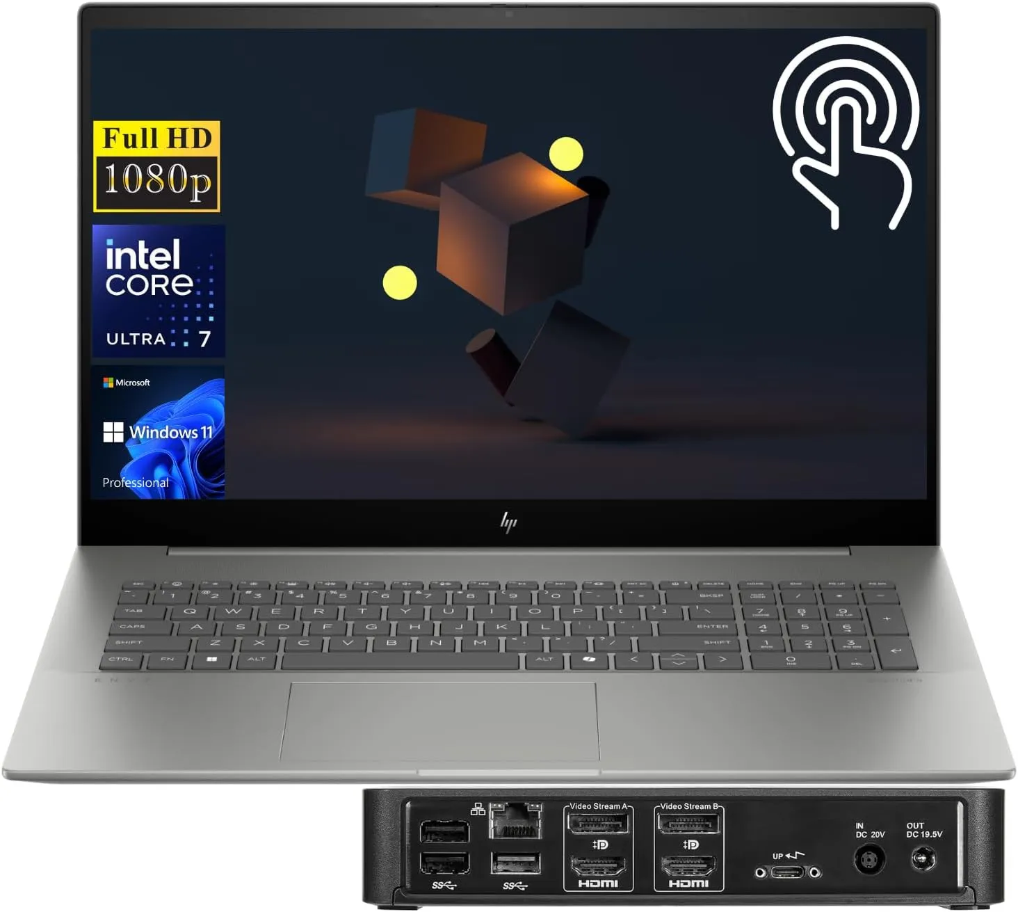 HP Envy High Performance AI Laptop, 17.3" FHD Touchscreen, Intel Core Ultra 7 155H, 64GB DDR5 RAM, 1TB SSD, Backlit KB, Wi-Fi 7, W11P, Silver, (Targus USB-C 100W) Docking Station Bundle