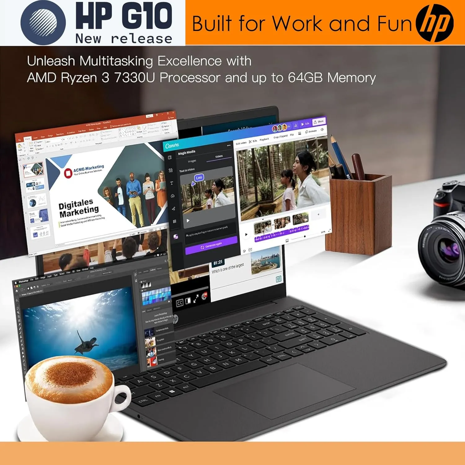 HP Laptop 255 G10 Notebook• 64GB RAM• 2TB SSD• 15.6" Full HD Display• Ryzen 3 7330U (Beat Intel i5-1135G7)• HDMI• USB-C• Wi-Fi 6• Bluetooth• Windows 11 Pro• Business or Personal Use