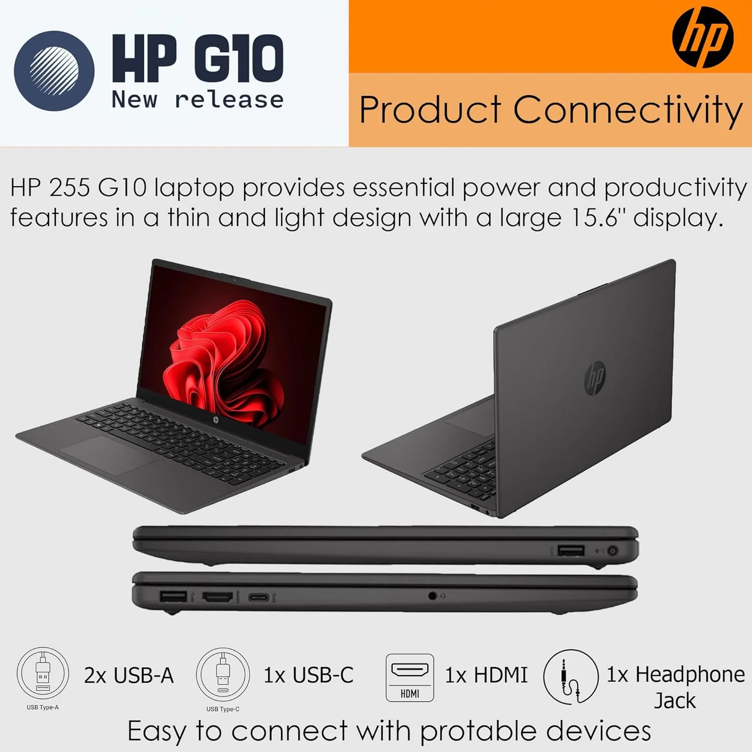 HP Laptop 255 G10 Notebook• 64GB RAM• 2TB SSD• 15.6" Full HD Display• Ryzen 3 7330U (Beat Intel i5-1135G7)• HDMI• USB-C• Wi-Fi 6• Bluetooth• Windows 11 Pro• Business or Personal Use