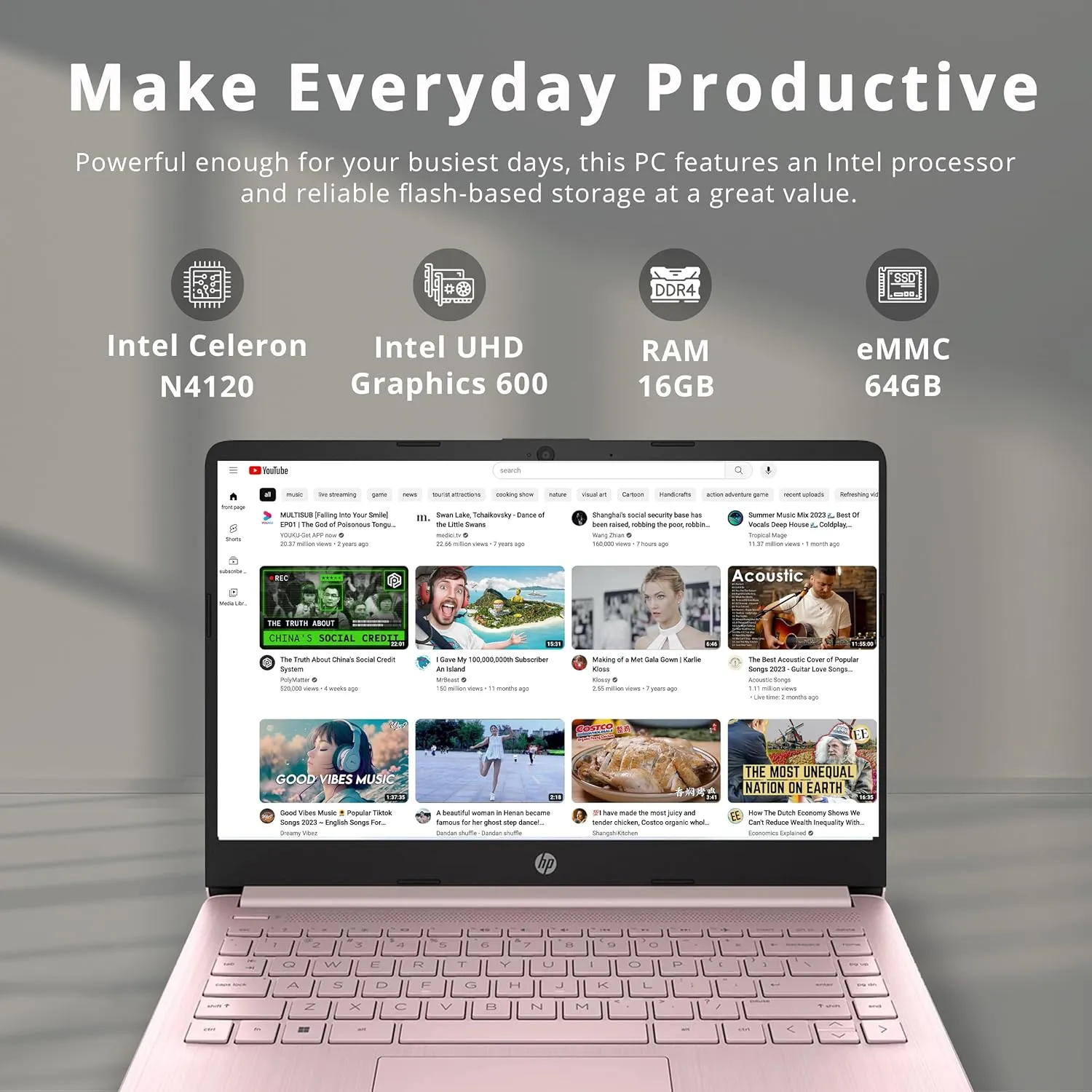HP Premium Stream 14" HD BrightView Laptop, Intel Celeron N4120, 16GB RAM, 64GB eMMC Storage, UHD Graphics, HD Webcam, 1 Year Office 365, Bluetooth, WiFi, HDMI, Win 11s, Pink, 32GB Hotface USB Card