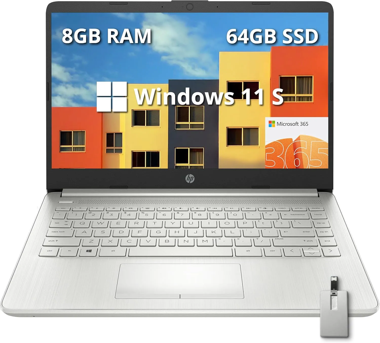 HP Premium Stream 14" HD BrightView Laptop, Intel Celeron N4120, 8GB RAM, 64GB eMMC, Intel UHD Graphics, HD Webcam, 1 Year Office 365, WiFi 5, Bluetooth, Win 11s, Silver, 32GB Hotface USB Card