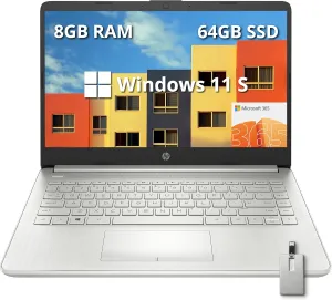 HP Premium Stream 14" HD BrightView Laptop, Intel Celeron N4120, 8GB RAM, 64GB eMMC, Intel UHD Graphics, HD Webcam, 1 Year Office 365, WiFi 5, Bluetooth, Win 11s, Silver, 32GB Hotface USB Card
