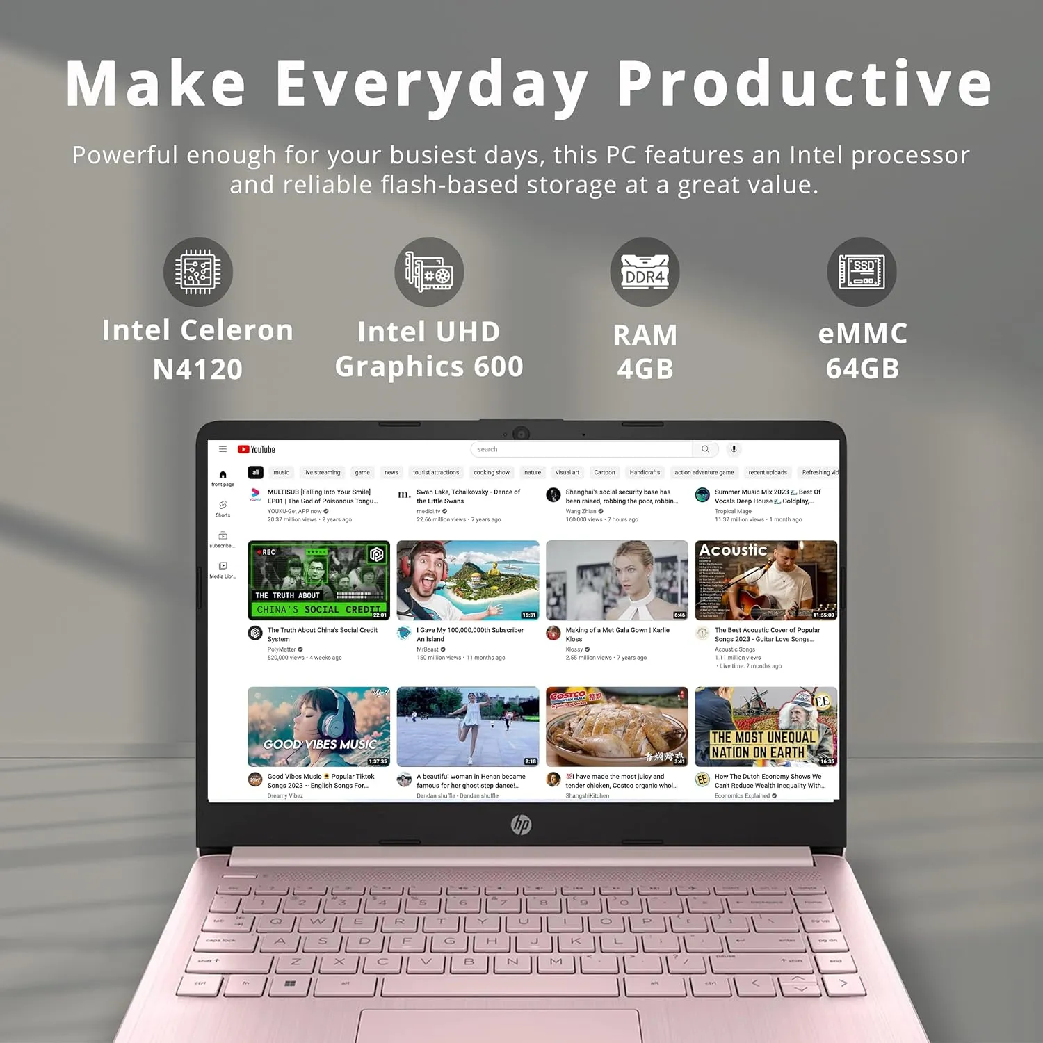 HP Stream 14" HD BrightView Laptop, Intel Celeron N4120 Processor, 4GB RAM, 64GB Storage, Intel HD Graphics, 720p Webcam, 1 Year Office 365, Pink, Win 11 S, 32GB Hotface USB Card