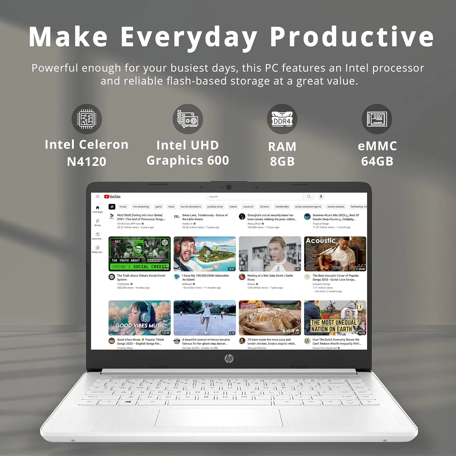 HP Stream 14" HD BrightView Laptop, Intel Celeron N4120 Processor, 8GB RAM, 64GB SSD, Intel UHD Graphics, 720p Webcam, WiFi, HDMI, Win 11 S, White (Renewed)