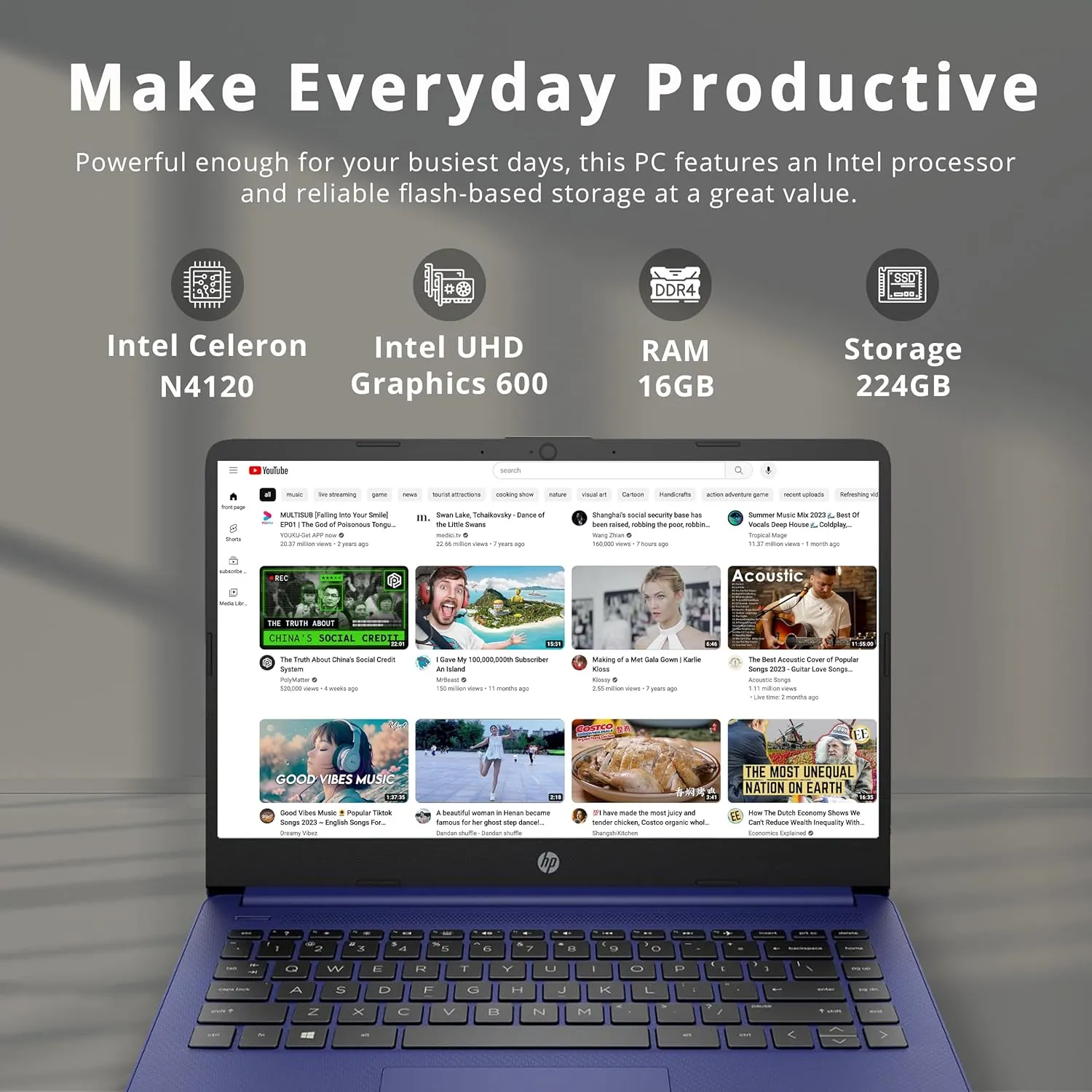 HP Stream 14" HD Lightweight Laptop, Intel Celeron N4120, 16GB RAM, 224GB Storage(64GB eMMC   160GB Docking Station), Intel UHD Graphics, HD Webcam, 1 Year Office 365, WiFi, Bluetooth, Win 11s, Blue