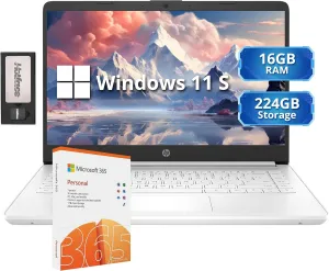 HP Stream 14" HD Lightweight Laptop, Intel Celeron N4120, 16GB RAM, 224GB Storage(64GB eMMC   160GB Docking Station), Intel UHD Graphics, HD Webcam, 1 Year Office 365, WiFi, Bluetooth, Win 11s, White