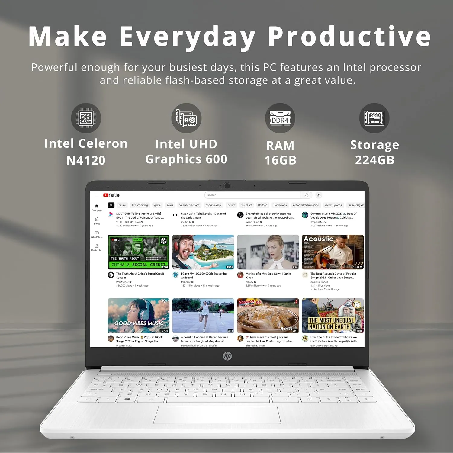 HP Stream 14" HD Lightweight Laptop, Intel Celeron N4120, 16GB RAM, 224GB Storage(64GB eMMC   160GB Docking Station), Intel UHD Graphics, HD Webcam, 1 Year Office 365, WiFi, Bluetooth, Win 11s, White