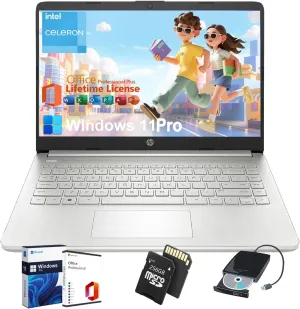HP Student Business Laptop Computer - w/Microsoft Office Lifetime & Free CD/DVD Drive • 16GB RAM • 128GB eMMC & 256GB Extend Micro SD • Intel 4-Core Processor • HD Display • Win11 Pro(Silver)