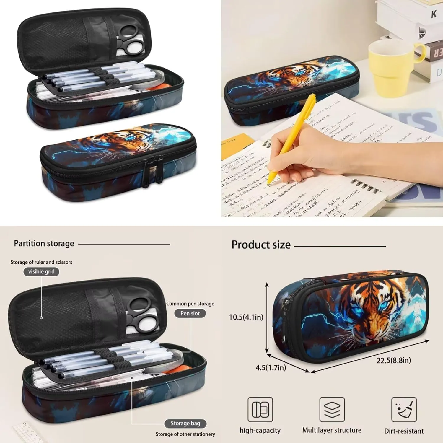HUGS IDEA 3D Tiger Backpack for Kids Cool Animal School Bookbag for Boys 6-8 Lightweight School Bag for Boys Bookbags with Lunch Box Portable Lunch Bag and Pencil Box Set 4 in 1