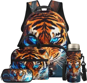 HUGS IDEA 3D Tiger Backpack for Kids Cool Animal School Bookbag for Boys 6-8 Lightweight School Bag for Boys Bookbags with Lunch Box Portable Lunch Bag and Pencil Box Set 4 in 1