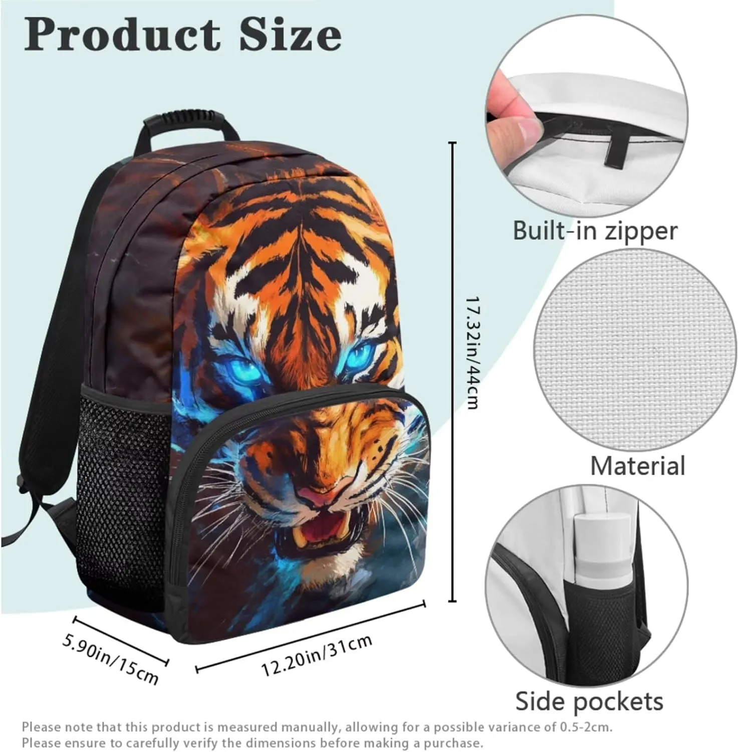 HUGS IDEA 3D Tiger Backpack for Kids Cool Animal School Bookbag for Boys 6-8 Lightweight School Bag for Boys Bookbags with Lunch Box Portable Lunch Bag and Pencil Box Set 4 in 1