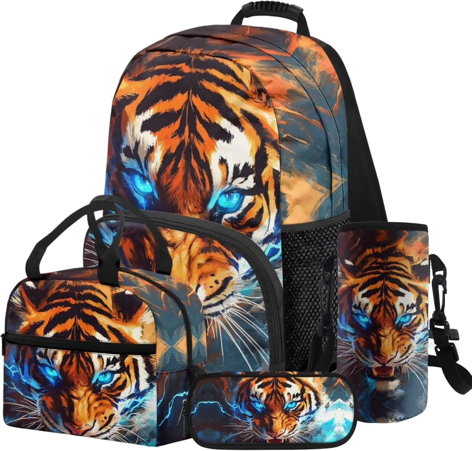 HUGS IDEA 3D Tiger Backpack for Kids Cool Animal School Bookbag for Boys 6-8 Lightweight School Bag for Boys Bookbags with Lunch Box Portable Lunch Bag and Pencil Box Set 4 in 1