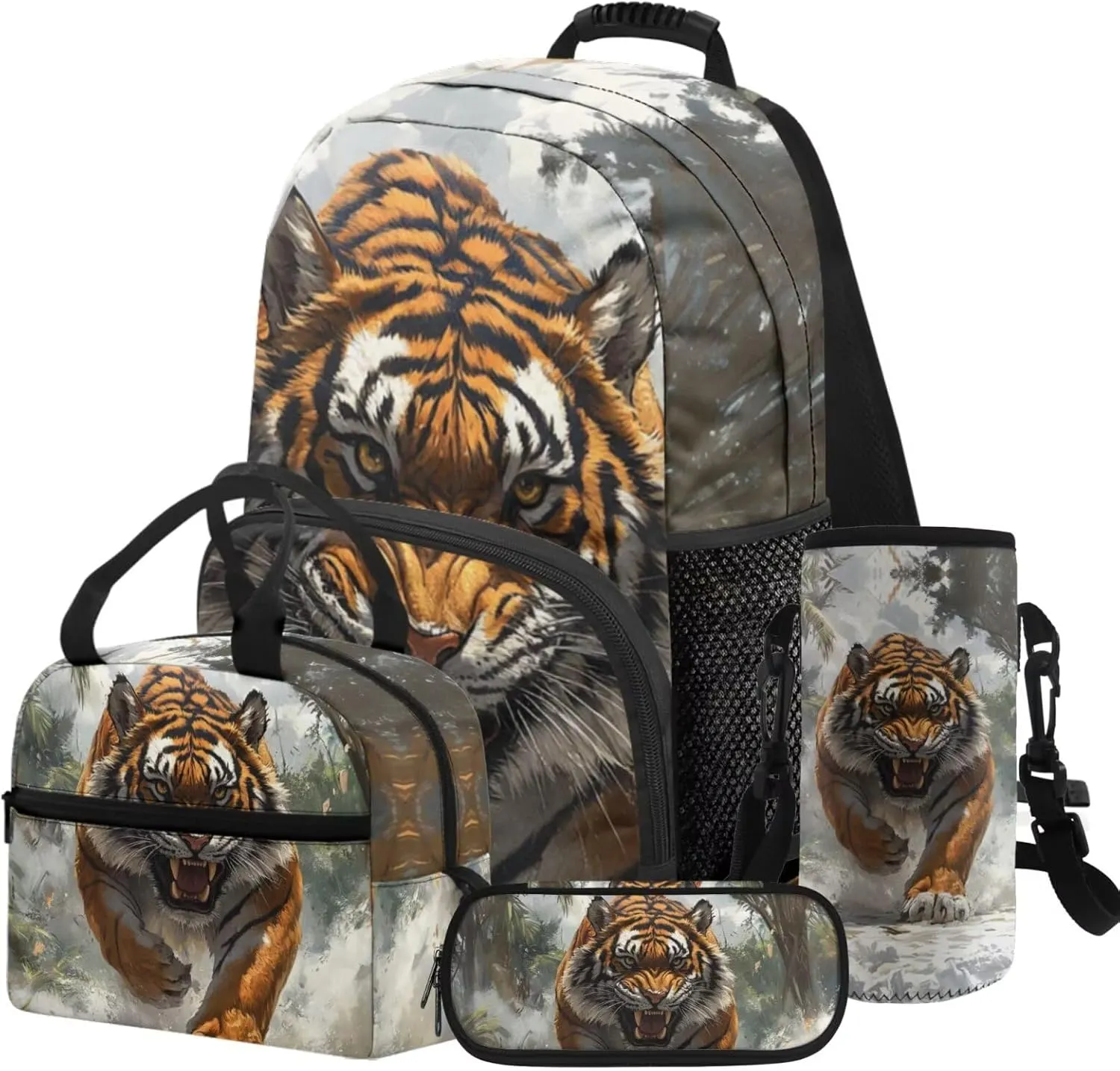 HUGS IDEA 3D Tiger School Backpack for Boys 6-8 17 Inch Large Capacity Bookbag for Kids 4Pcs School Bag Set with Lunch Container, Pencil Box & Water Bottle Pocket Kids Travel Daypack