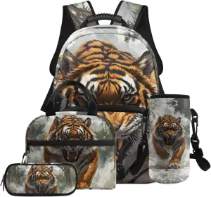HUGS IDEA 3D Tiger School Backpack for Boys 6-8 17 Inch Large Capacity Bookbag for Kids 4Pcs School Bag Set with Lunch Container, Pencil Box & Water Bottle Pocket Kids Travel Daypack