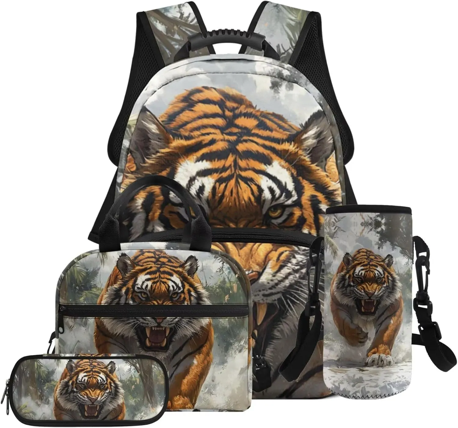 HUGS IDEA 3D Tiger School Backpack for Boys 6-8 17 Inch Large Capacity Bookbag for Kids 4Pcs School Bag Set with Lunch Container, Pencil Box & Water Bottle Pocket Kids Travel Daypack