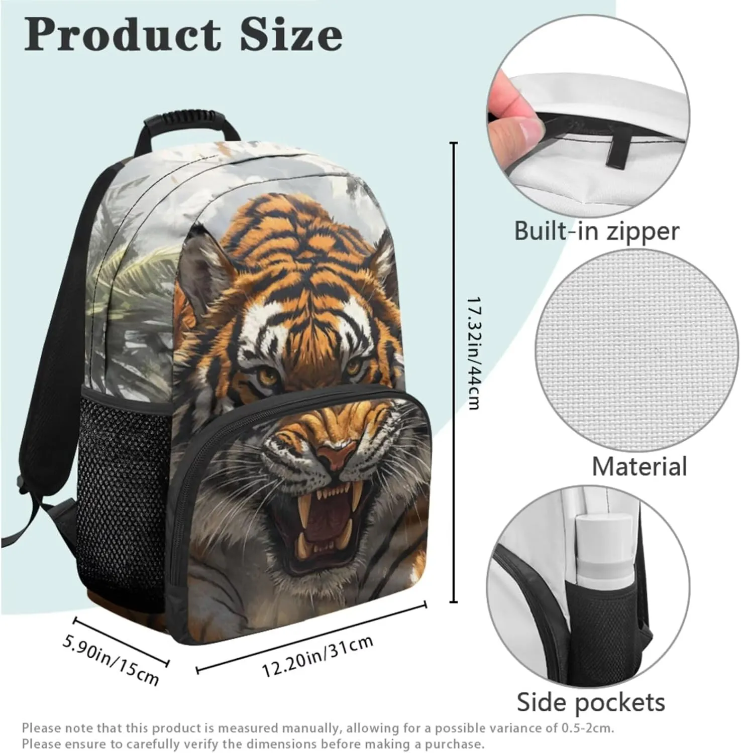 HUGS IDEA 3D Tiger School Backpack for Boys 6-8 17 Inch Large Capacity Bookbag for Kids 4Pcs School Bag Set with Lunch Container, Pencil Box & Water Bottle Pocket Kids Travel Daypack