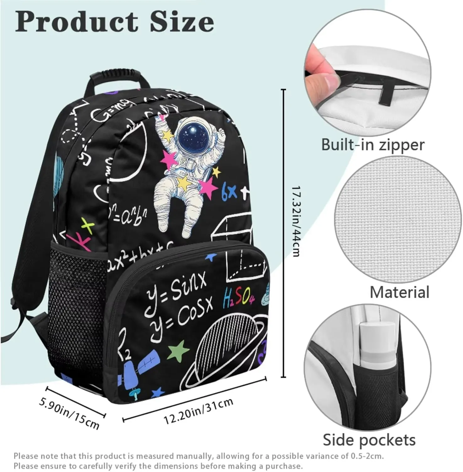 HUGS IDEA Astronaut Backpack for Kids Math School Backpack for Boys 6-8 Kids Backpack for Boys with Lunch Box Lightweight School Bookbag for Elementary School Boys 3 in 1 Set
