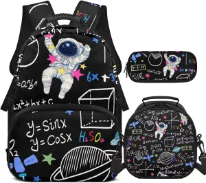 HUGS IDEA Astronaut Backpack for Kids Math School Backpack for Boys 6-8 Kids Backpack for Boys with Lunch Box Lightweight School Bookbag for Elementary School Boys 3 in 1 Set