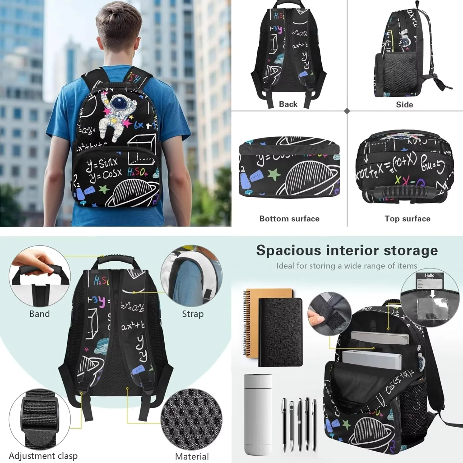 HUGS IDEA Astronaut Backpack for Kids Math School Backpack for Boys 6-8 Kids Backpack for Boys with Lunch Box Lightweight School Bookbag for Elementary School Boys 3 in 1 Set