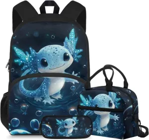 HUGS IDEA Blue Axolotl Backpack for Boys 8-12 Cute Kids Bookbag with Lunchbox and Pencil Case Lightweight Elementary School Bag for Boys Large Schoolbag Set for Kids Travel Duffel Bag
