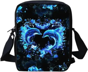 HUGS IDEA Blue Dolphin Print Crossbody Sling Bag Purse Tote Shoulder Travel Bag Handbag for Women Girls
