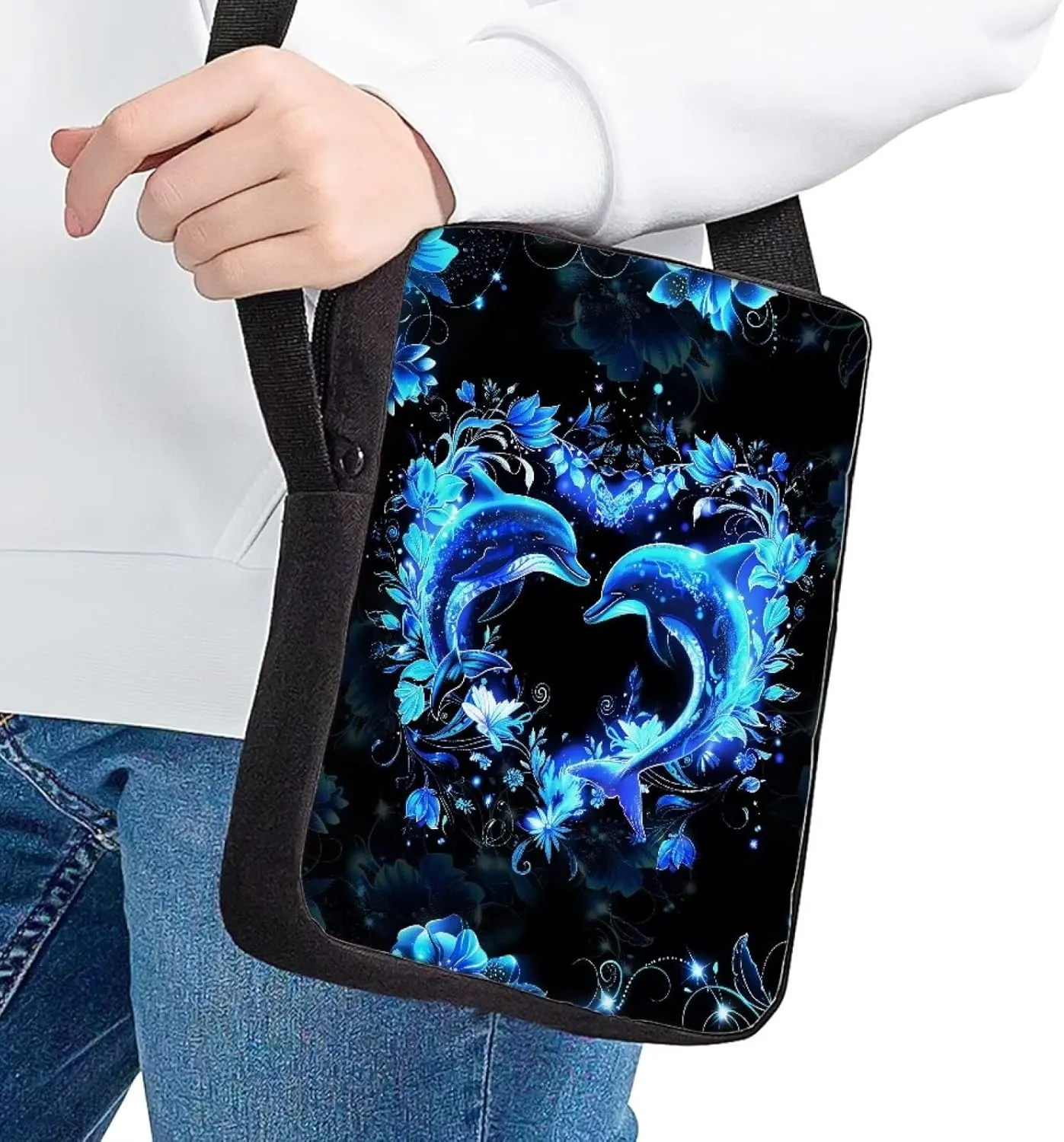 HUGS IDEA Blue Dolphin Print Crossbody Sling Bag Purse Tote Shoulder Travel Bag Handbag for Women Girls