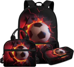 HUGS IDEA Breaking the Wall Football Kids Backpack for Teen Boys School Bag for Kids 3-in-1 Bookbag Set with Lunch Box Pencil Case Lightweight Elementary Schoolbag Set Casual Daypack
