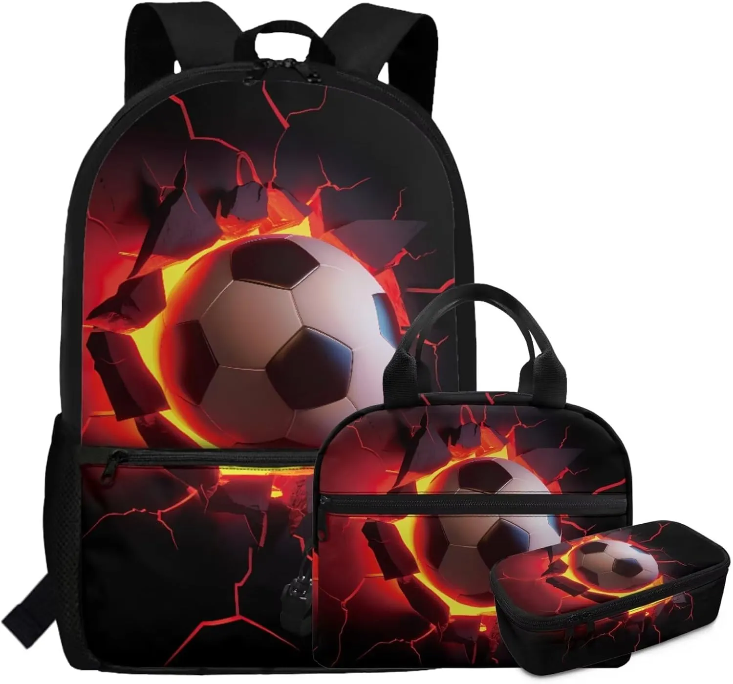 HUGS IDEA Breaking the Wall Football Kids Backpack for Teen Boys School Bag for Kids 3-in-1 Bookbag Set with Lunch Box Pencil Case Lightweight Elementary Schoolbag Set Casual Daypack