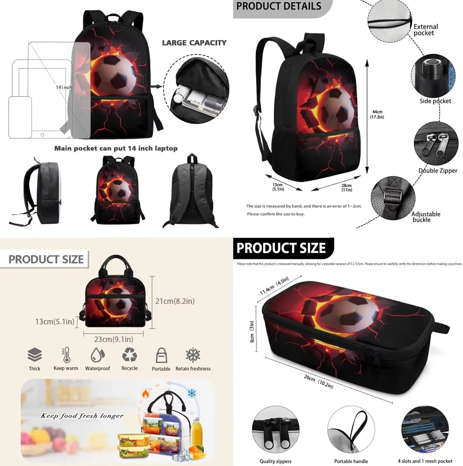 HUGS IDEA Breaking the Wall Football Kids Backpack for Teen Boys School Bag for Kids 3-in-1 Bookbag Set with Lunch Box Pencil Case Lightweight Elementary Schoolbag Set Casual Daypack