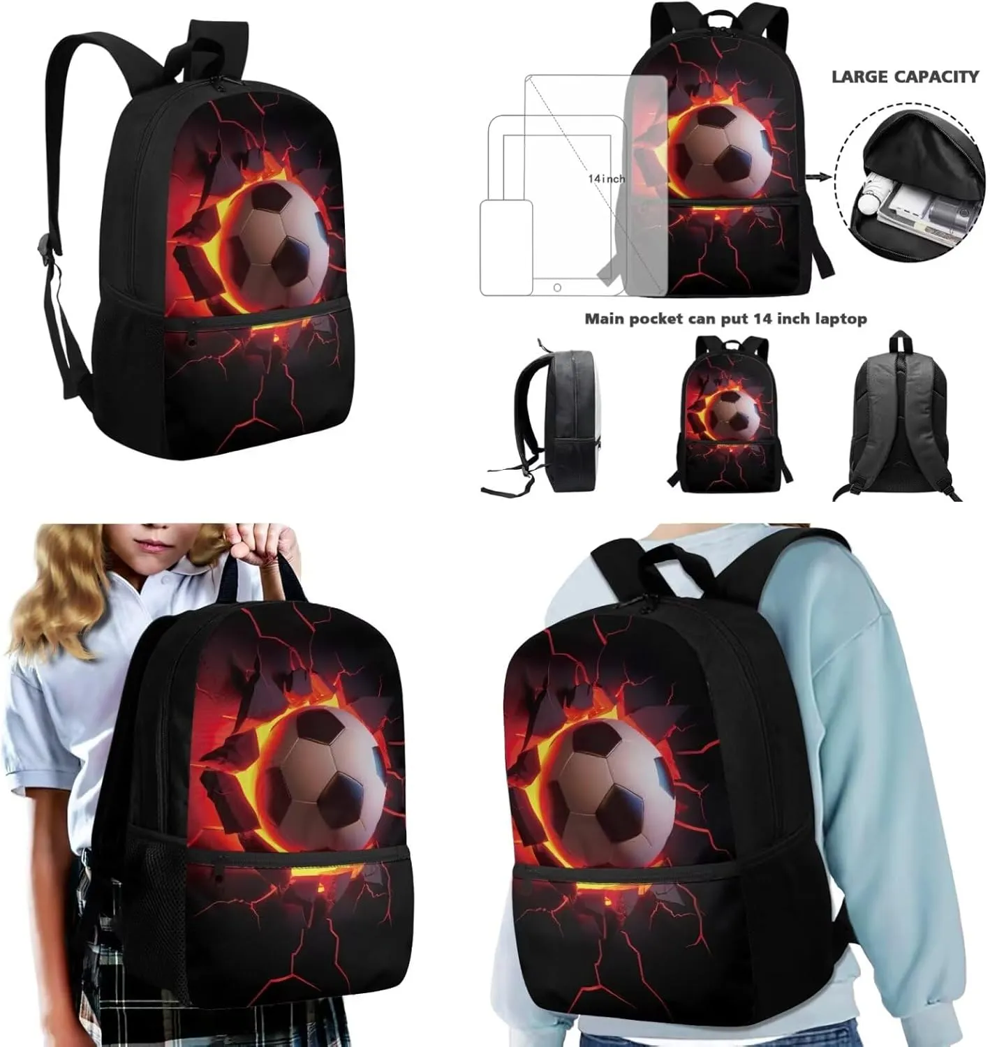 HUGS IDEA Breaking the Wall Football Kids Backpack for Teen Boys School Bag for Kids 3-in-1 Bookbag Set with Lunch Box Pencil Case Lightweight Elementary Schoolbag Set Casual Daypack