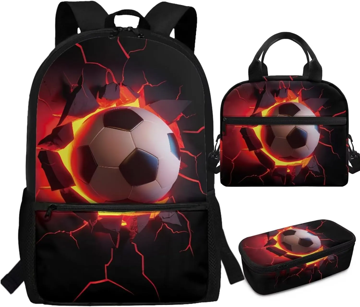 HUGS IDEA Breaking the Wall Football Kids Backpack for Teen Boys School Bag for Kids 3-in-1 Bookbag Set with Lunch Box Pencil Case Lightweight Elementary Schoolbag Set Casual Daypack