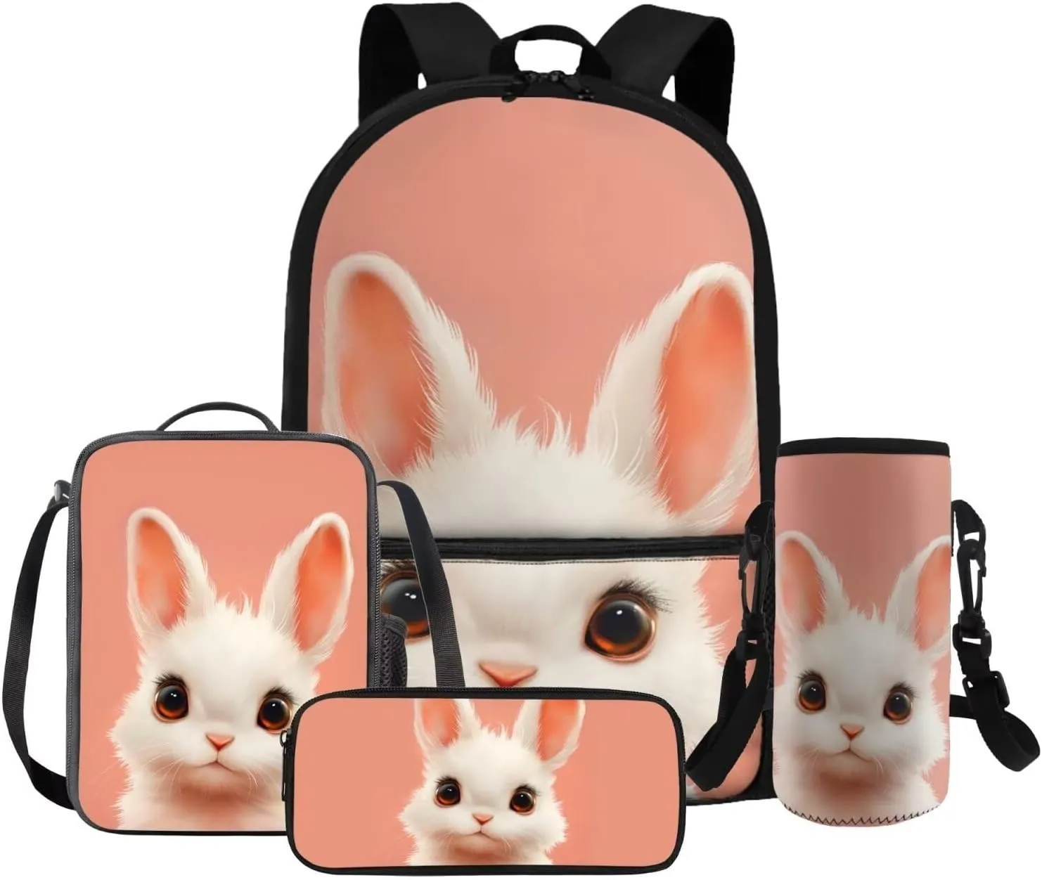 HUGS IDEA Bunny Backpack for Girls Cute Girls Backpack with Lunch Box for Elementary School Lightweight 4 in 1 School Bag Set 17 Inch School Backpack for Girls Back to School Gifts