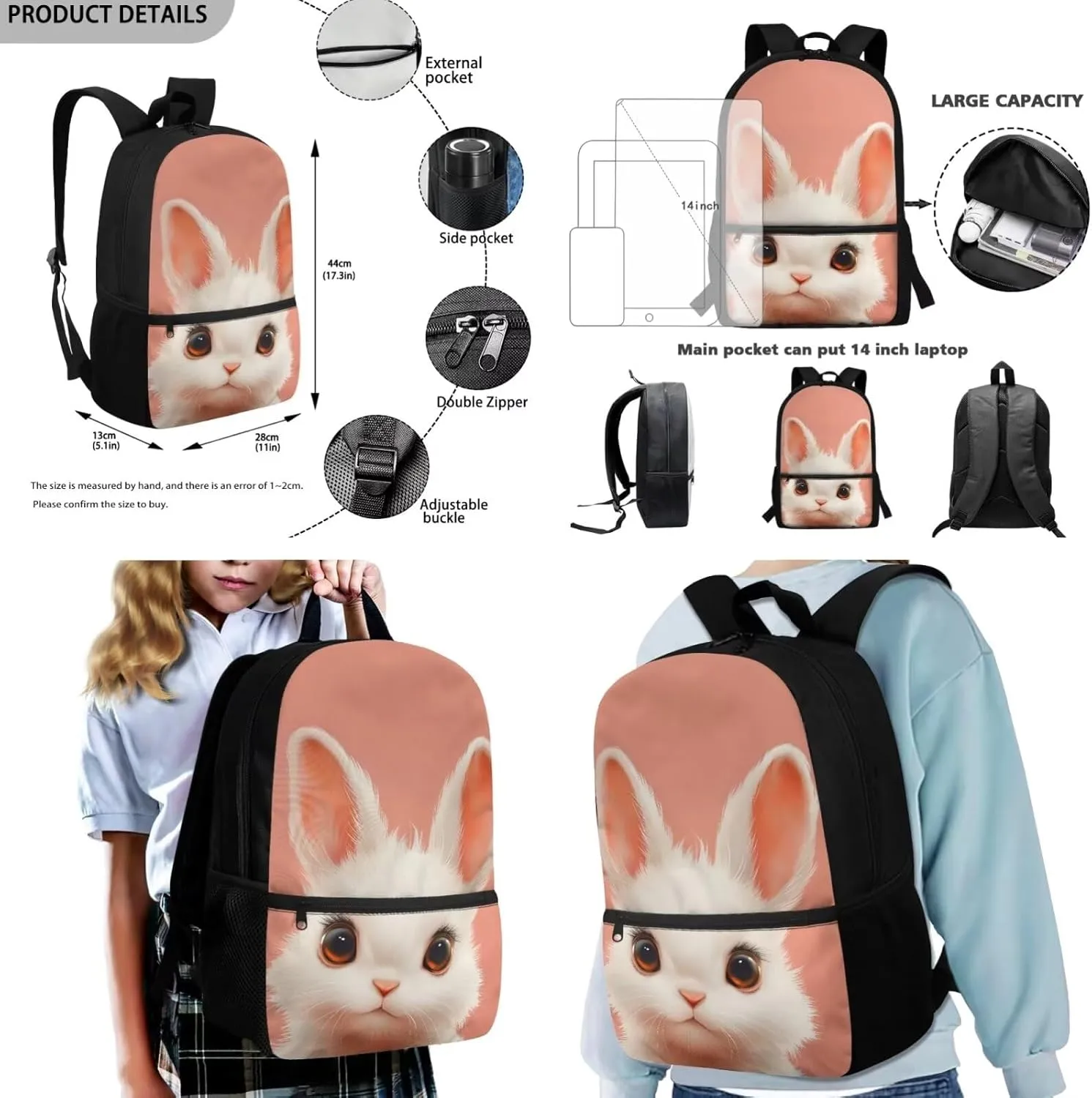 HUGS IDEA Bunny Backpack for Girls Cute Girls Backpack with Lunch Box for Elementary School Lightweight 4 in 1 School Bag Set 17 Inch School Backpack for Girls Back to School Gifts