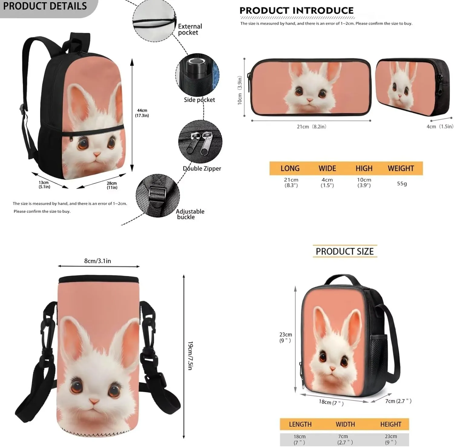 HUGS IDEA Bunny Backpack for Girls Cute Girls Backpack with Lunch Box for Elementary School Lightweight 4 in 1 School Bag Set 17 Inch School Backpack for Girls Back to School Gifts